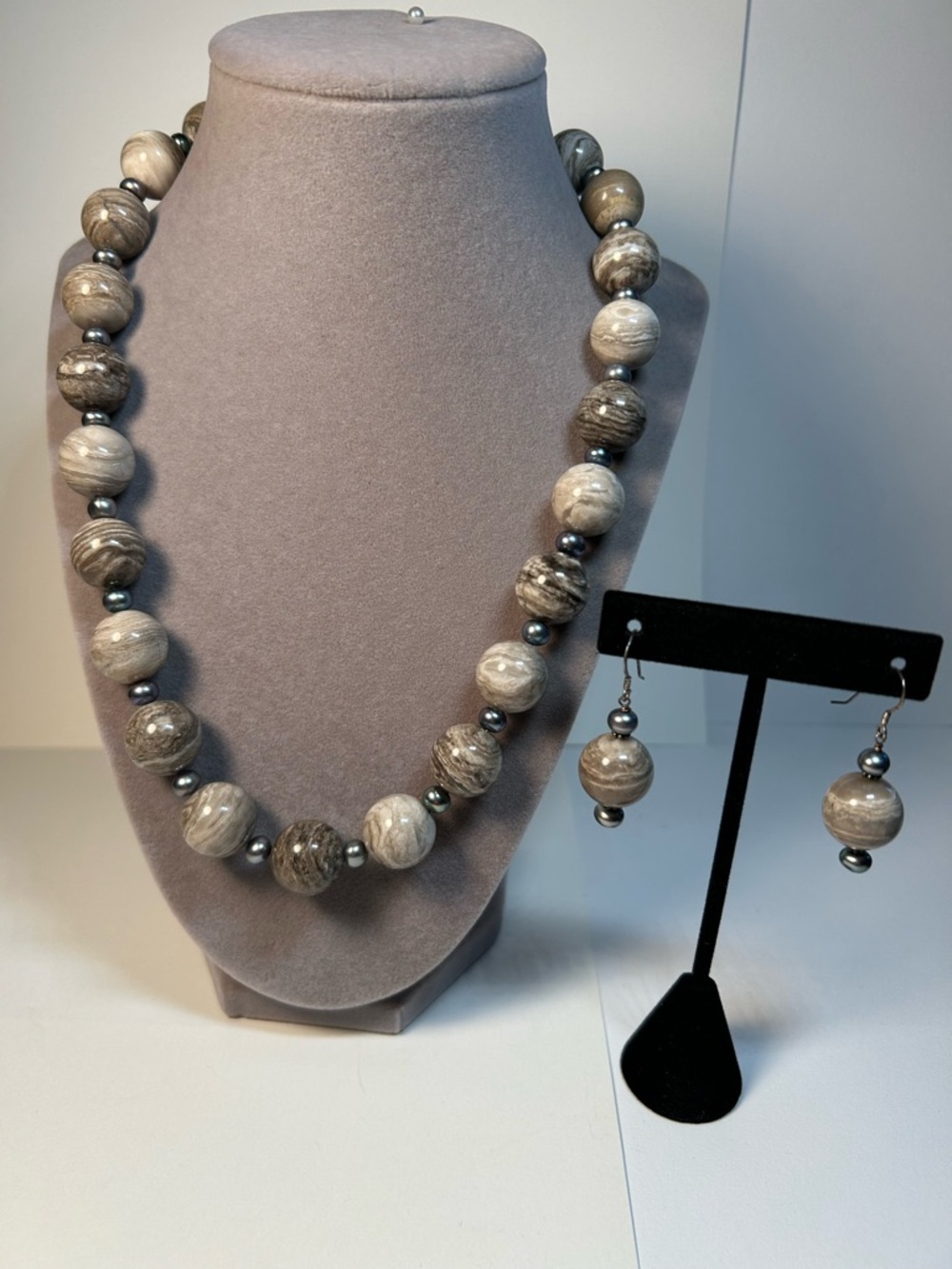 Jasper Pearls and Sterling Silver necklace and earring set